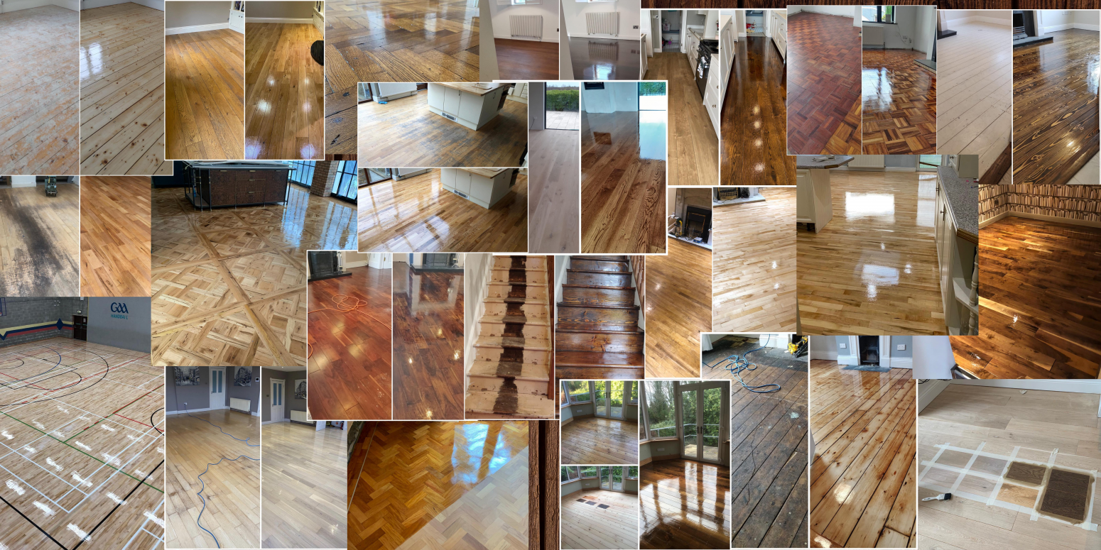 collage of sanded floors. before and after sanding work examples
