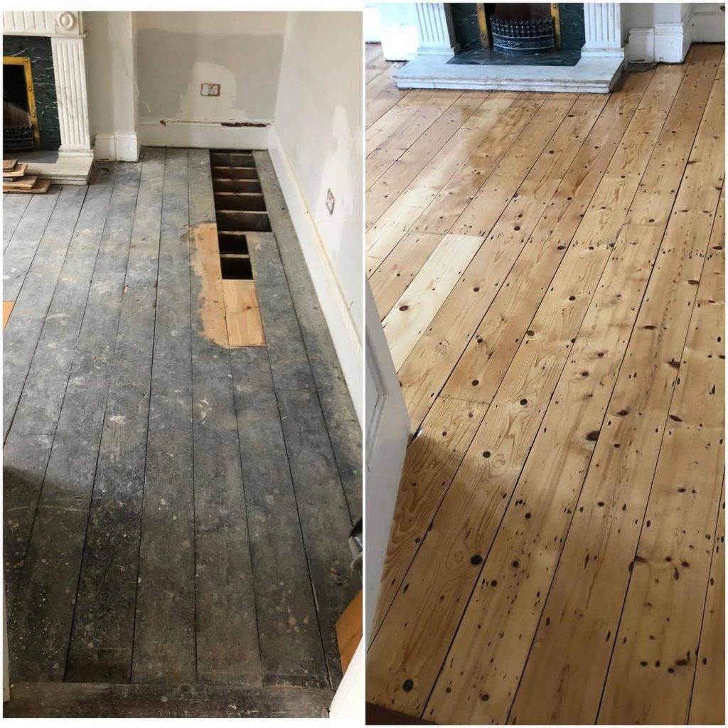 before and after sanding hard wood oine floor