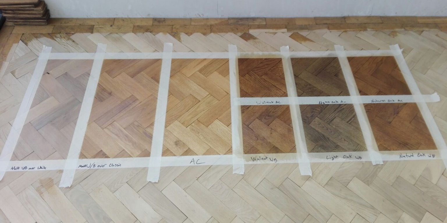wood floor staining samples on sanded floor