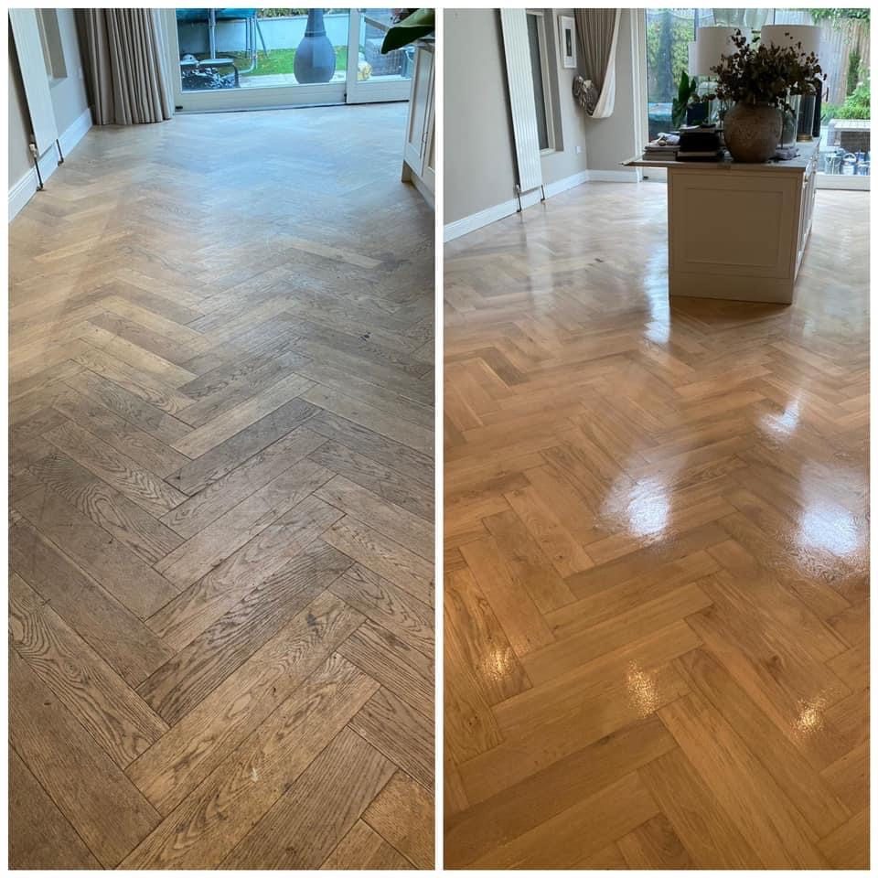 before and after sanding and varnish on parquet wood floor